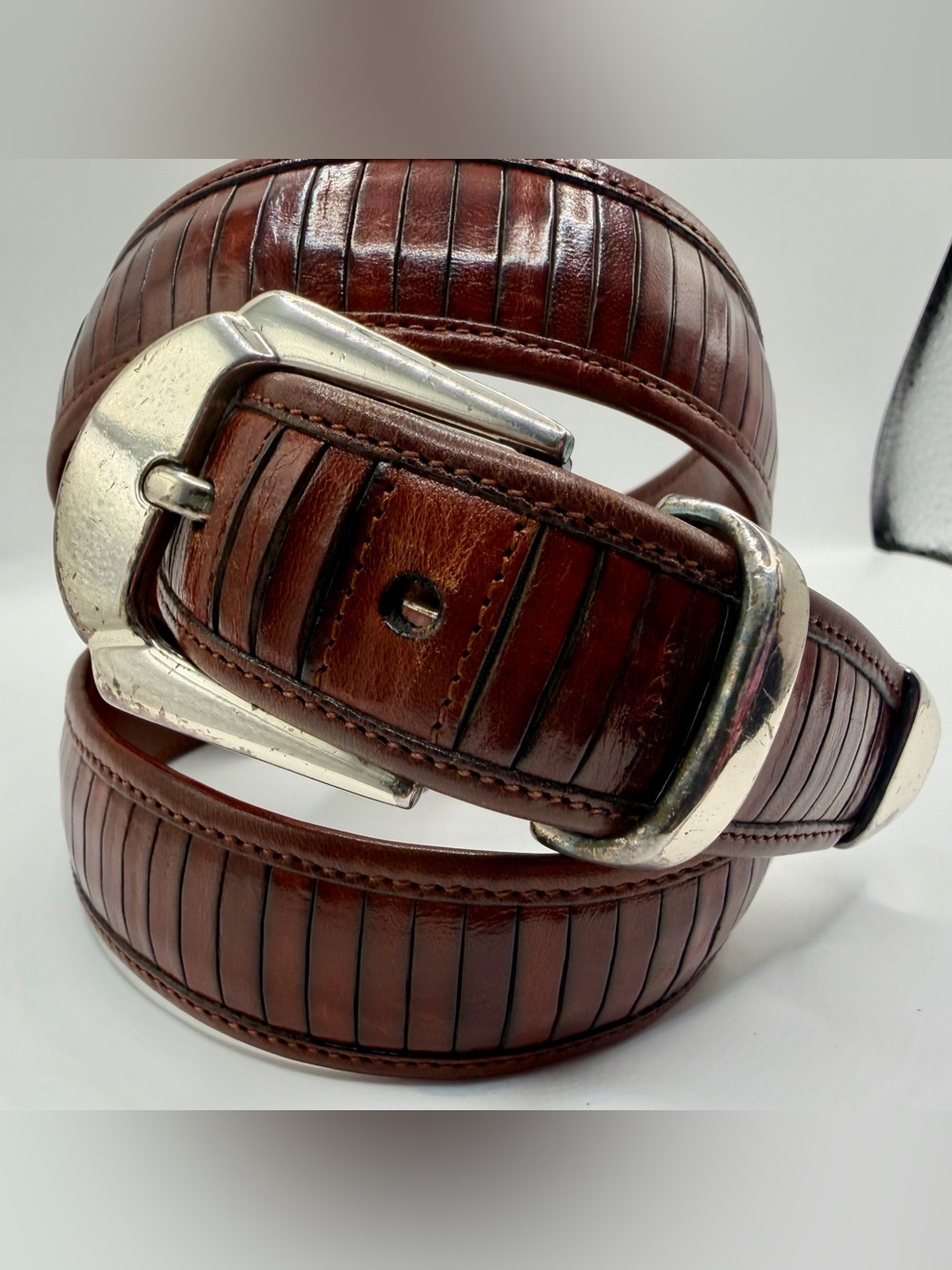 Mezlan Eel Skin Leather Belt Mens 34 Brown Exotic Silver Buckle Spain Dress